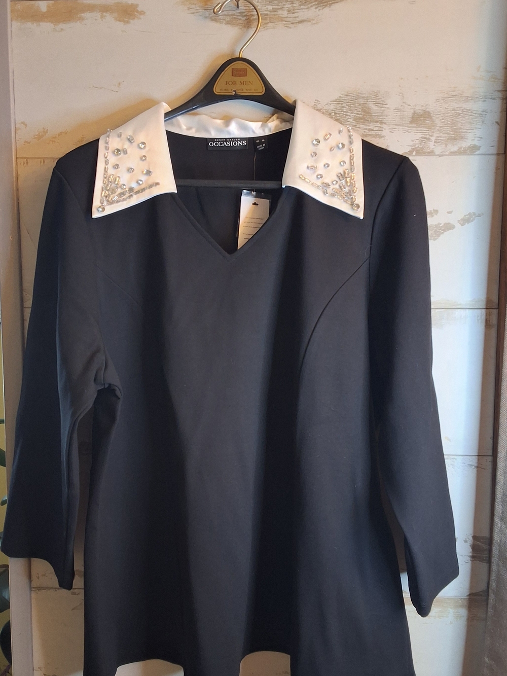 NWT Susan Graver Occasion Black Tunic with Embellished White Collar XL